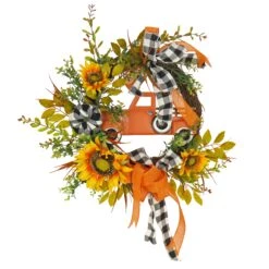 26 In. Fall Wreath With Sunflowers, Twig, Car And Bow