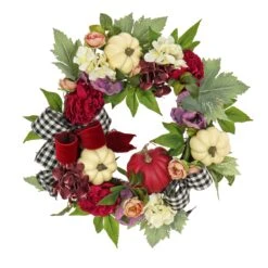 22 In. Fall Wreath With Peony, Pumpkin And Bow
