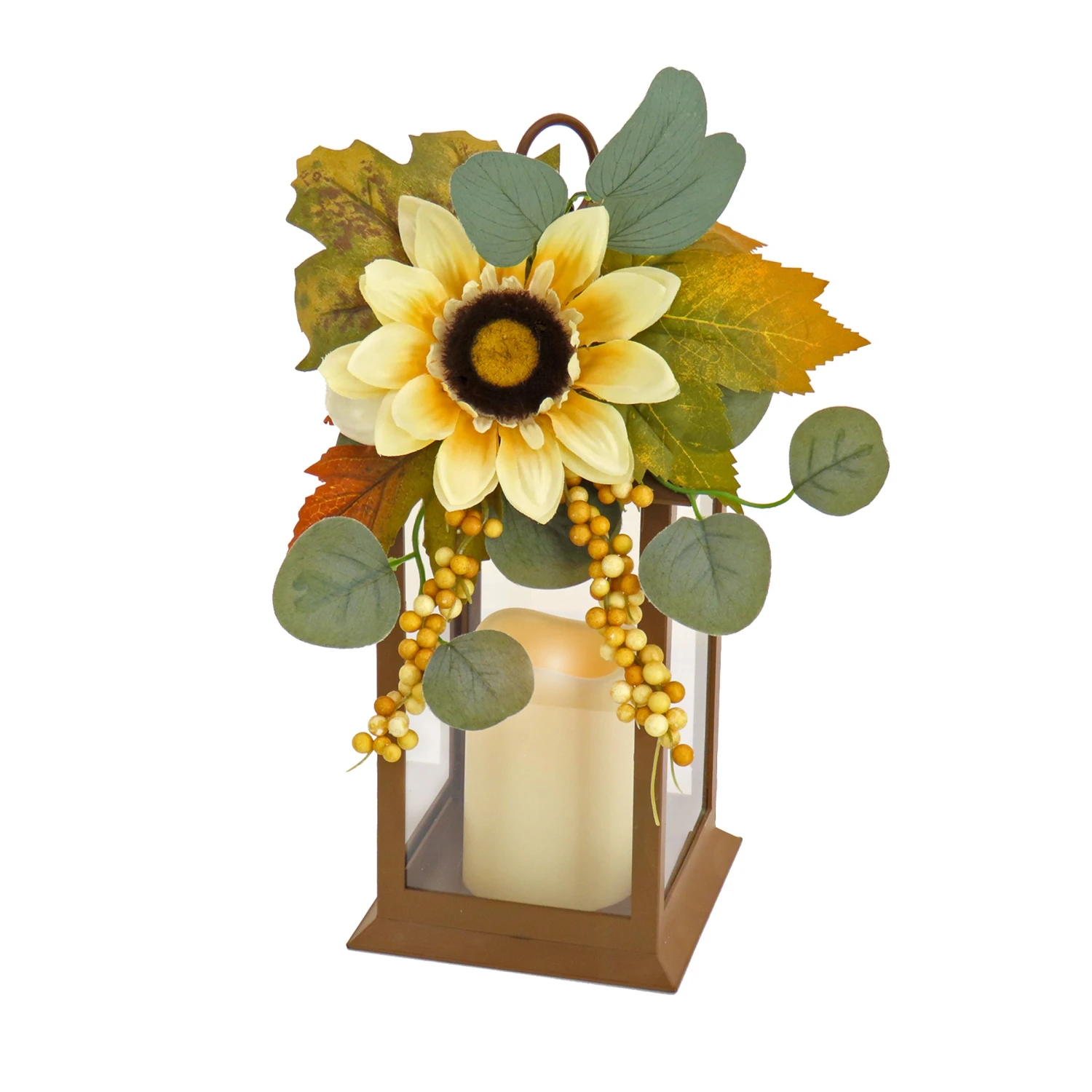 13 In. Fall Lantern With Sunflower, Maple Leaves, Eucalyptus, Berry 1 13 In. Fall Lantern With Sunflower, Maple Leaves, Eucalyptus, Berry