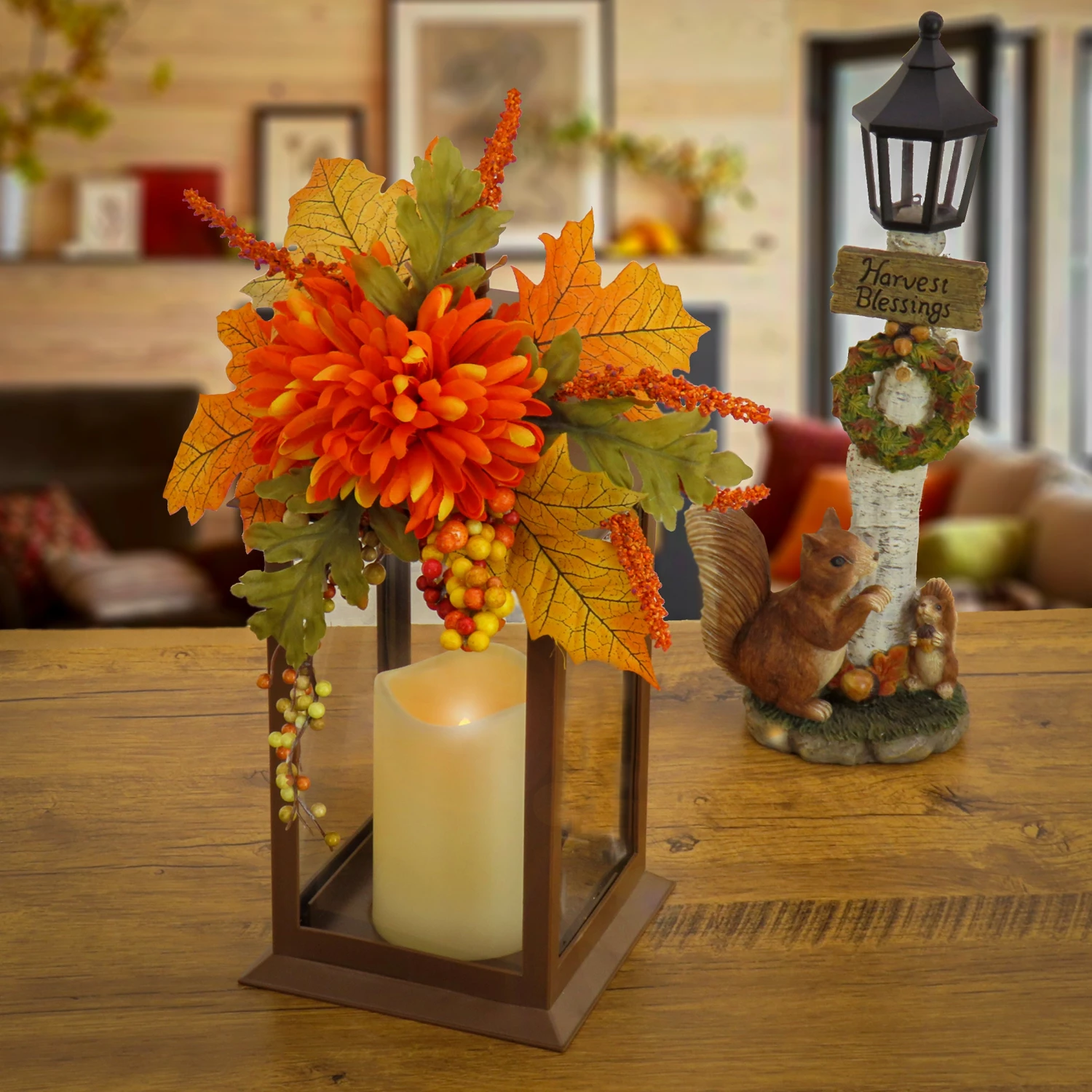 14 In. Fall Lantern With Mum Flower, Mixed Leaves, Berry 2 14 In. Fall Lantern With Mum Flower, Mixed Leaves, Berry - Image 2