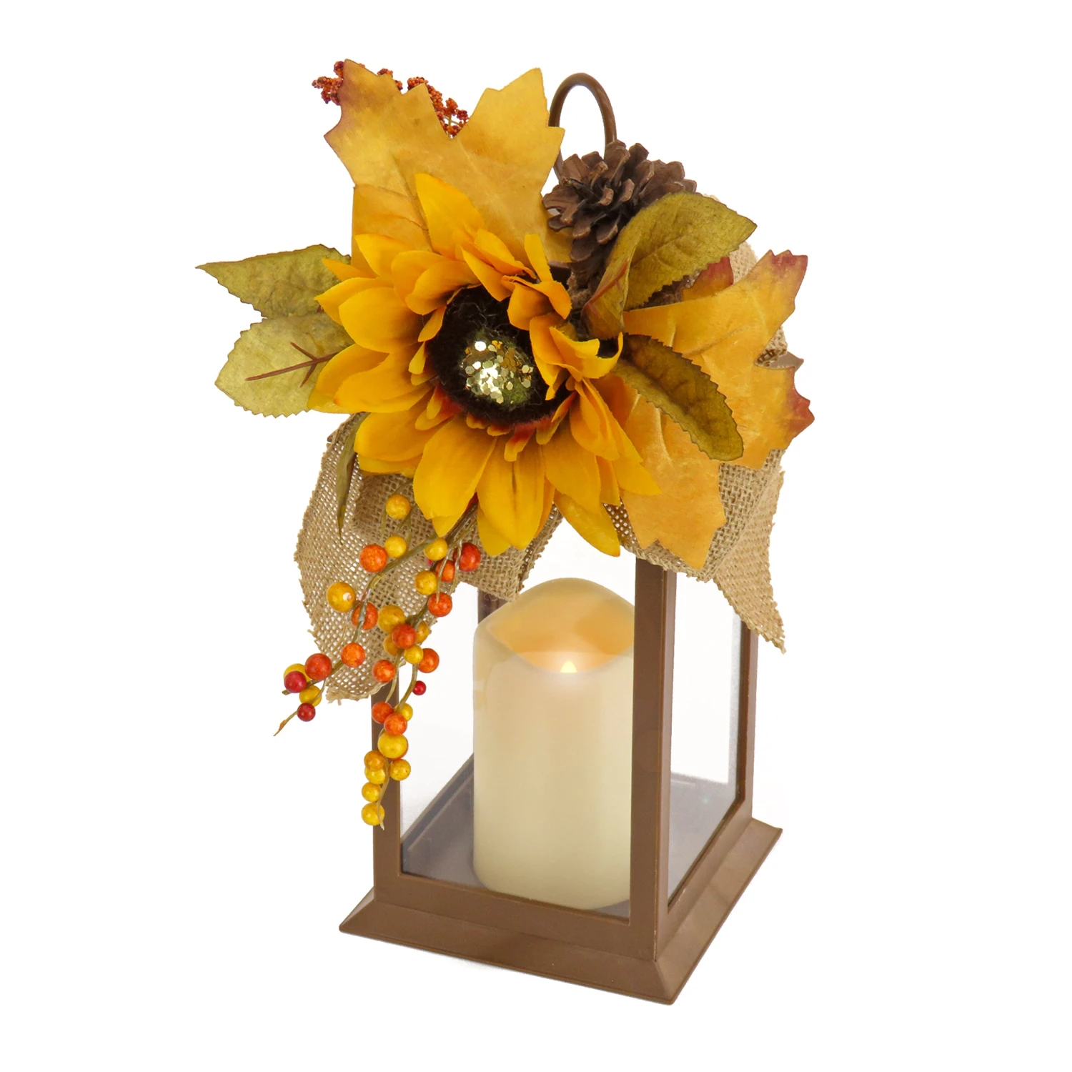 14 In. Fall Lantern With Sunflower, Mixed Leaves, Pinecone And Bow 1 14 In. Fall Lantern With Sunflower, Mixed Leaves, Pinecone And Bow