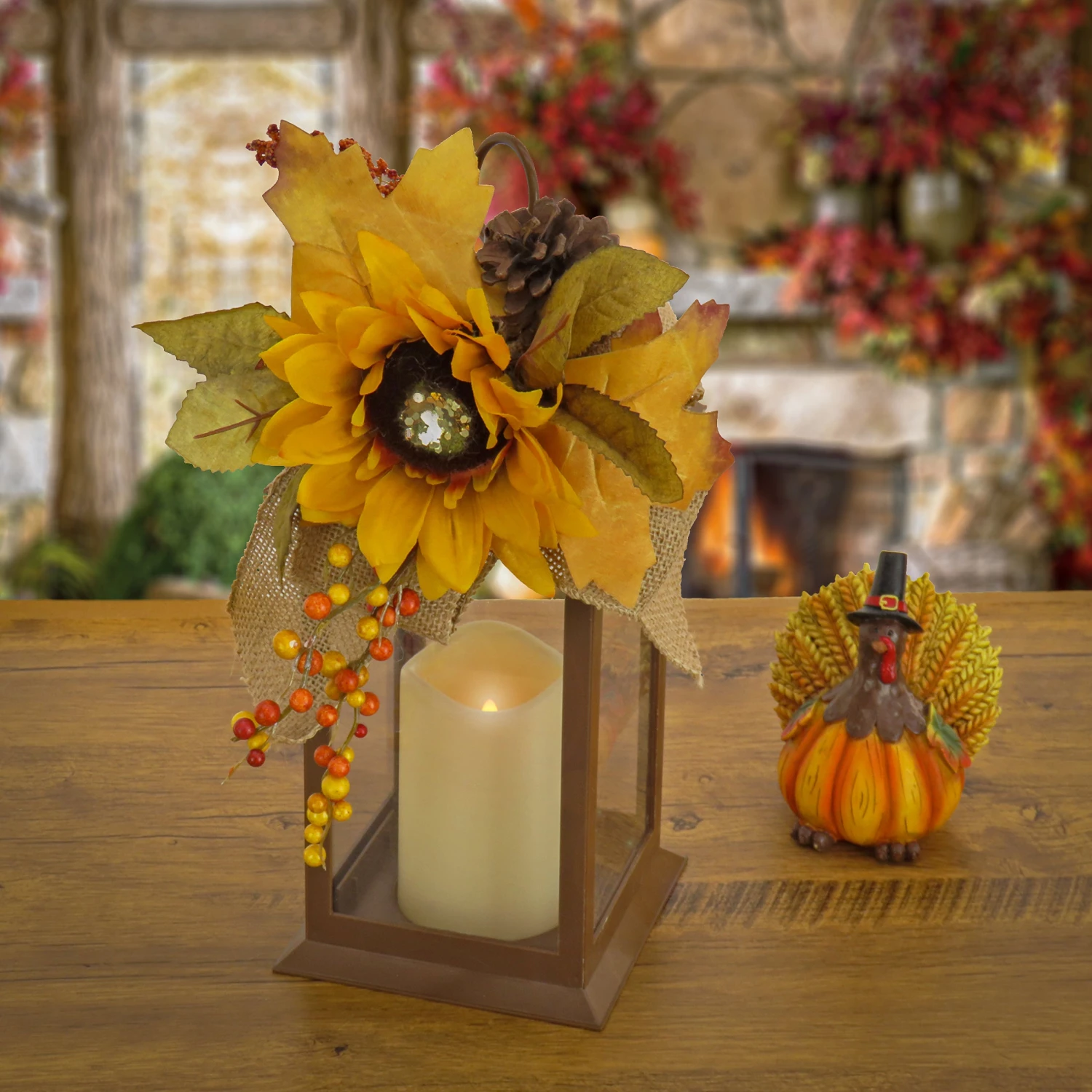 14 In. Fall Lantern With Sunflower, Mixed Leaves, Pinecone And Bow 2 14 In. Fall Lantern With Sunflower, Mixed Leaves, Pinecone And Bow - Image 2