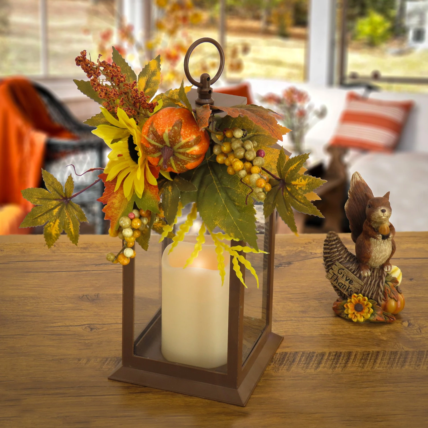 14 In. Fall Lantern With Sunflower, Mixed Leaves, Berry, Pumpkin 2 14 In. Fall Lantern With Sunflower, Mixed Leaves, Berry, Pumpkin - Image 2