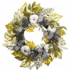 30 In. Fall Wreath With Pine Cones, Berry Clusters, Gourds, Fabric Bows