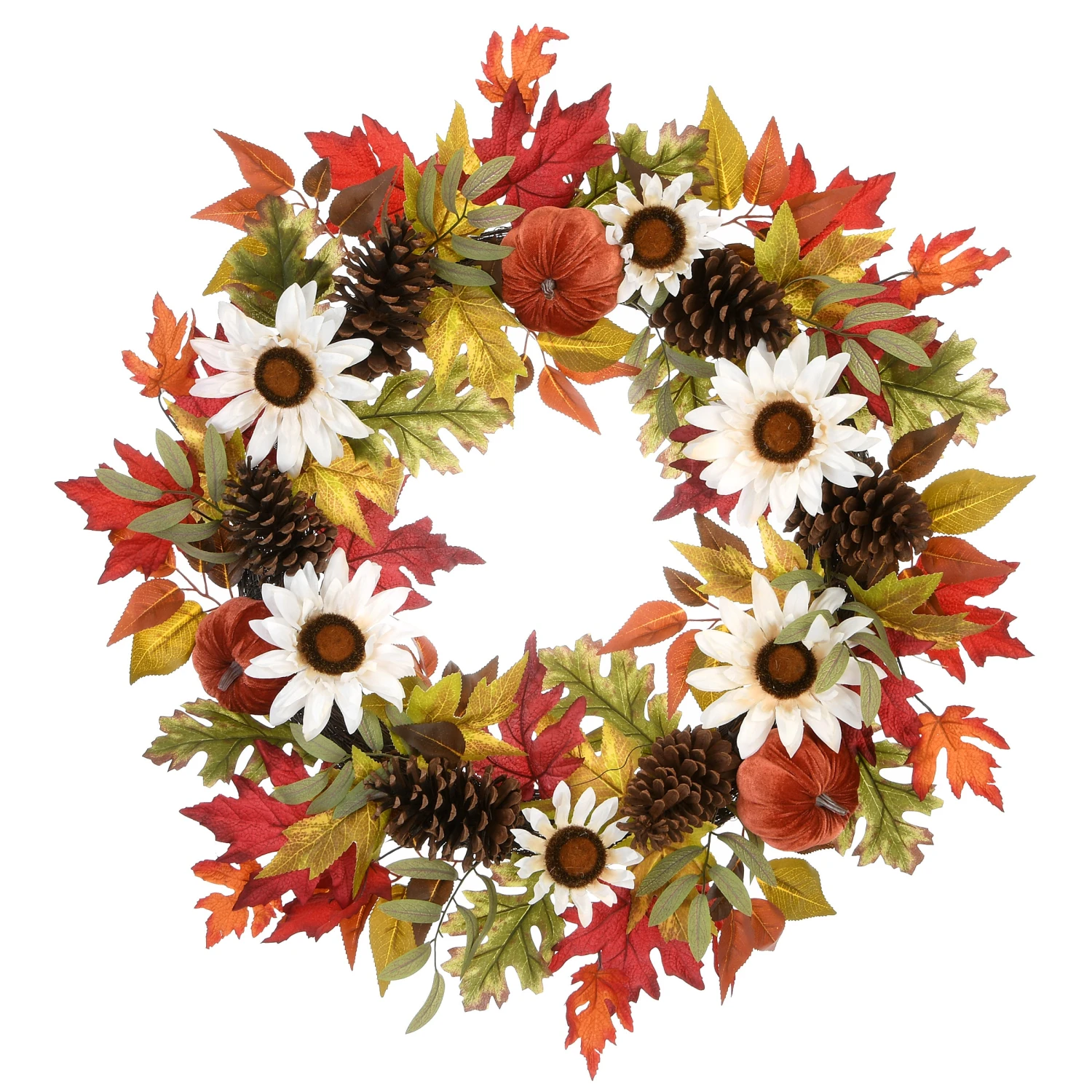 32 In. Fall Wreath With Pumpkin Gourds, Pine Cones, Maple Leaves, Sunflower Blooms 1 32 In. Fall Wreath With Pumpkin Gourds, Pine Cones, Maple Leaves, Sunflower Blooms