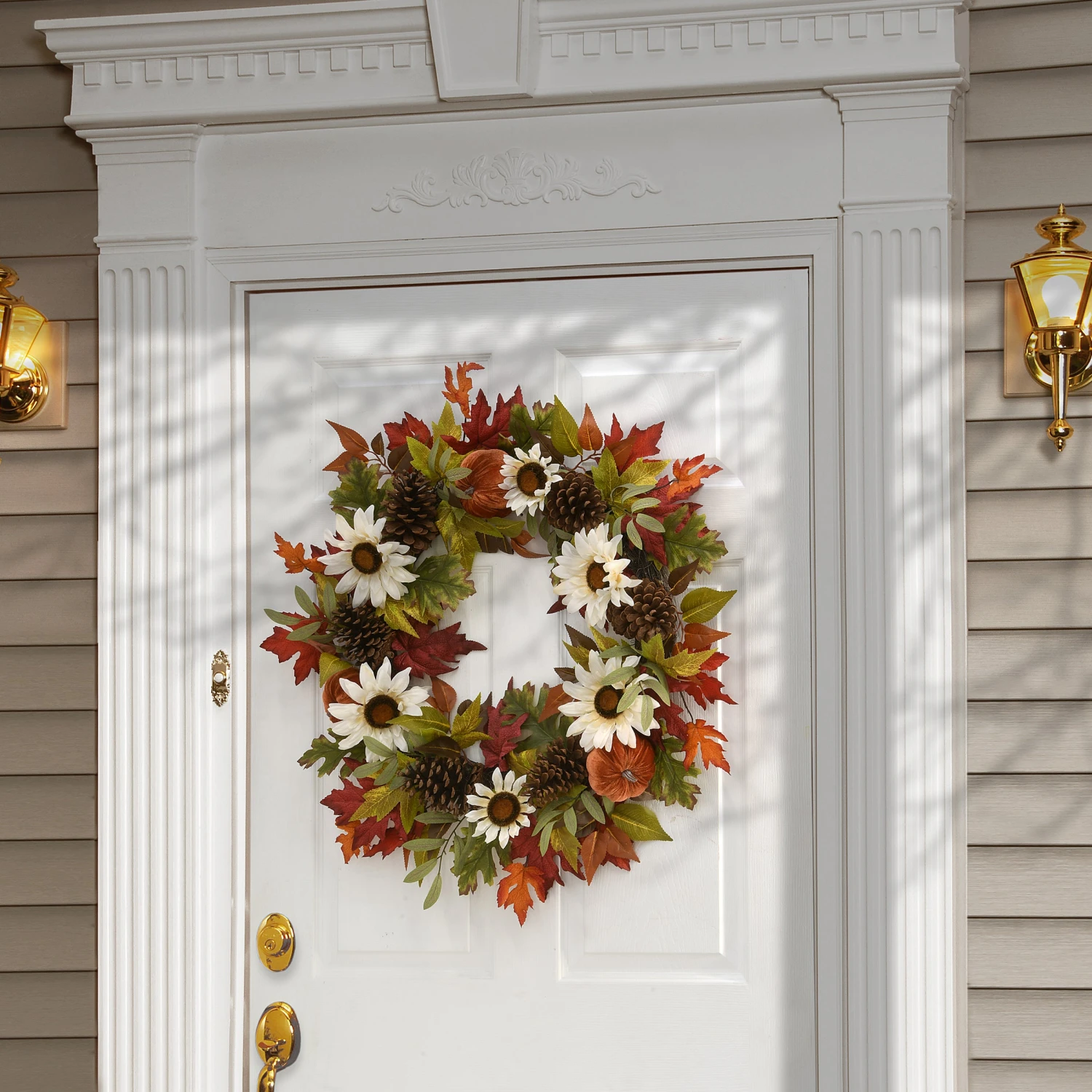 32 In. Fall Wreath With Pumpkin Gourds, Pine Cones, Maple Leaves, Sunflower Blooms 2 32 In. Fall Wreath With Pumpkin Gourds, Pine Cones, Maple Leaves, Sunflower Blooms - Image 2