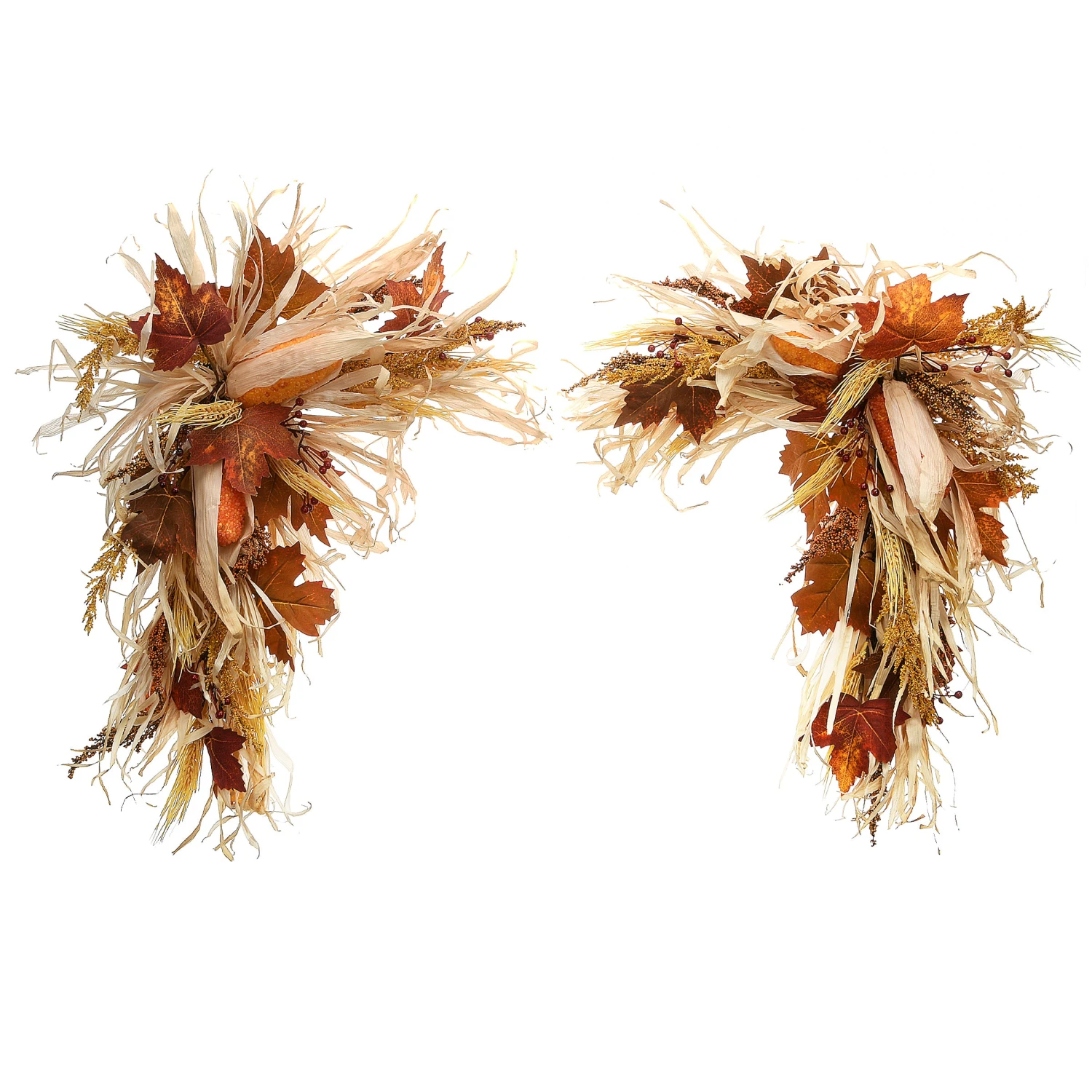 24 In. 2-Piece Fall Door Corners With Corn Husks, Raffia Leaves, Berry Clusters 1 24 In. 2-Piece Fall Door Corners With Corn Husks, Raffia Leaves, Berry Clusters