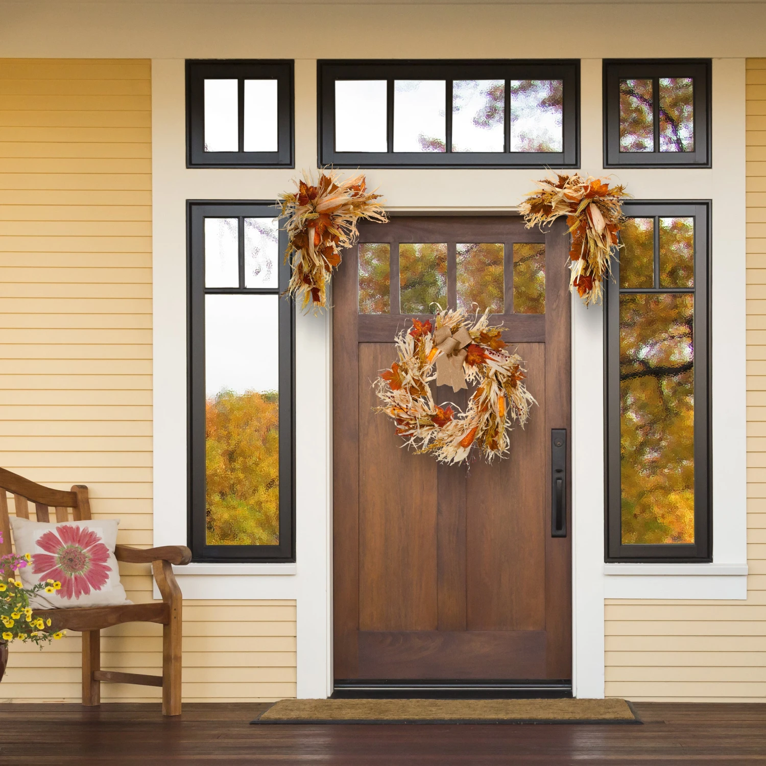 24 In. 2-Piece Fall Door Corners With Corn Husks, Raffia Leaves, Berry Clusters 2 24 In. 2-Piece Fall Door Corners With Corn Husks, Raffia Leaves, Berry Clusters - Image 2