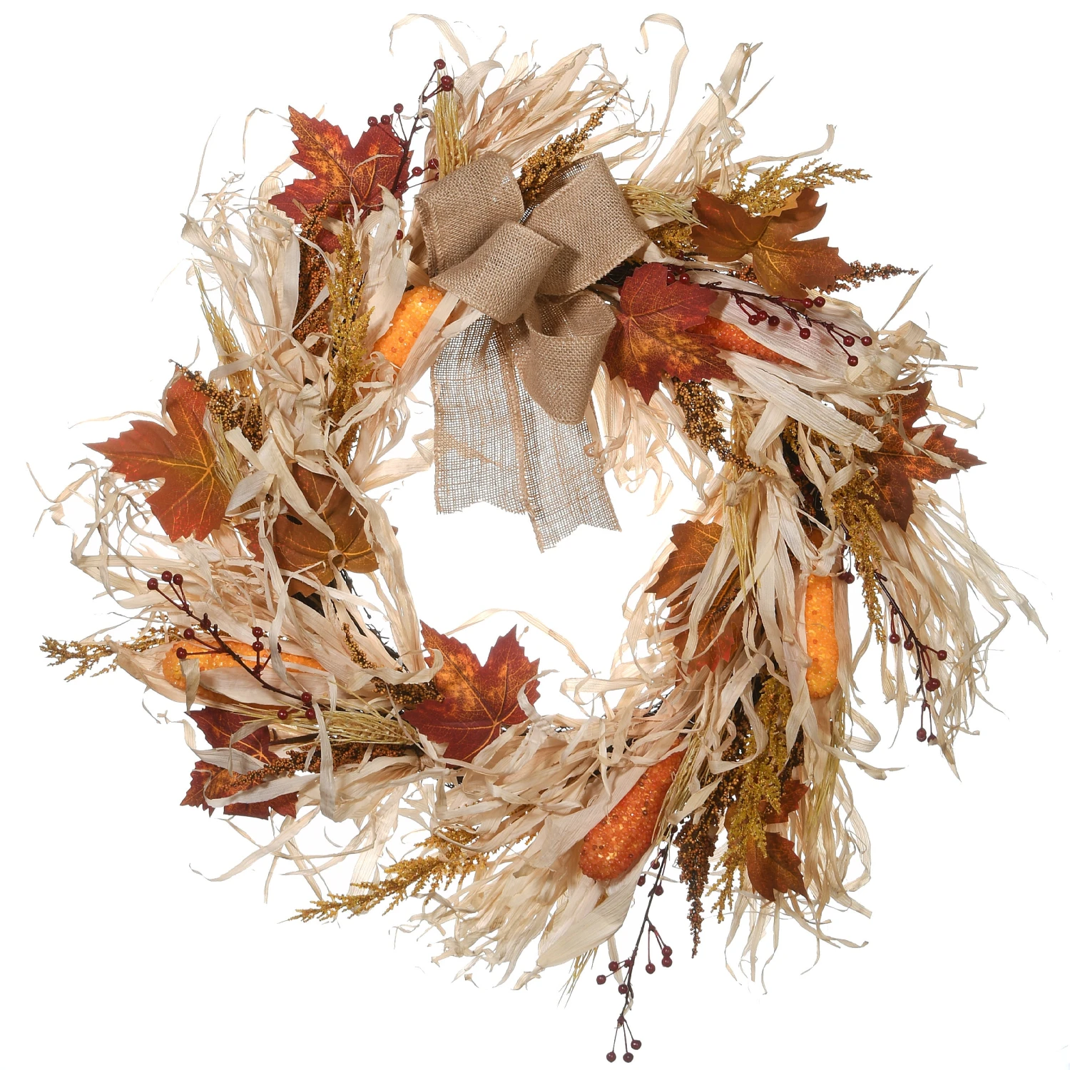24 In. Fall Wreath With Raffia Leaves,Corn Cobs, Berry Clusters 1 24 In. Fall Wreath With Raffia Leaves,Corn Cobs, Berry Clusters