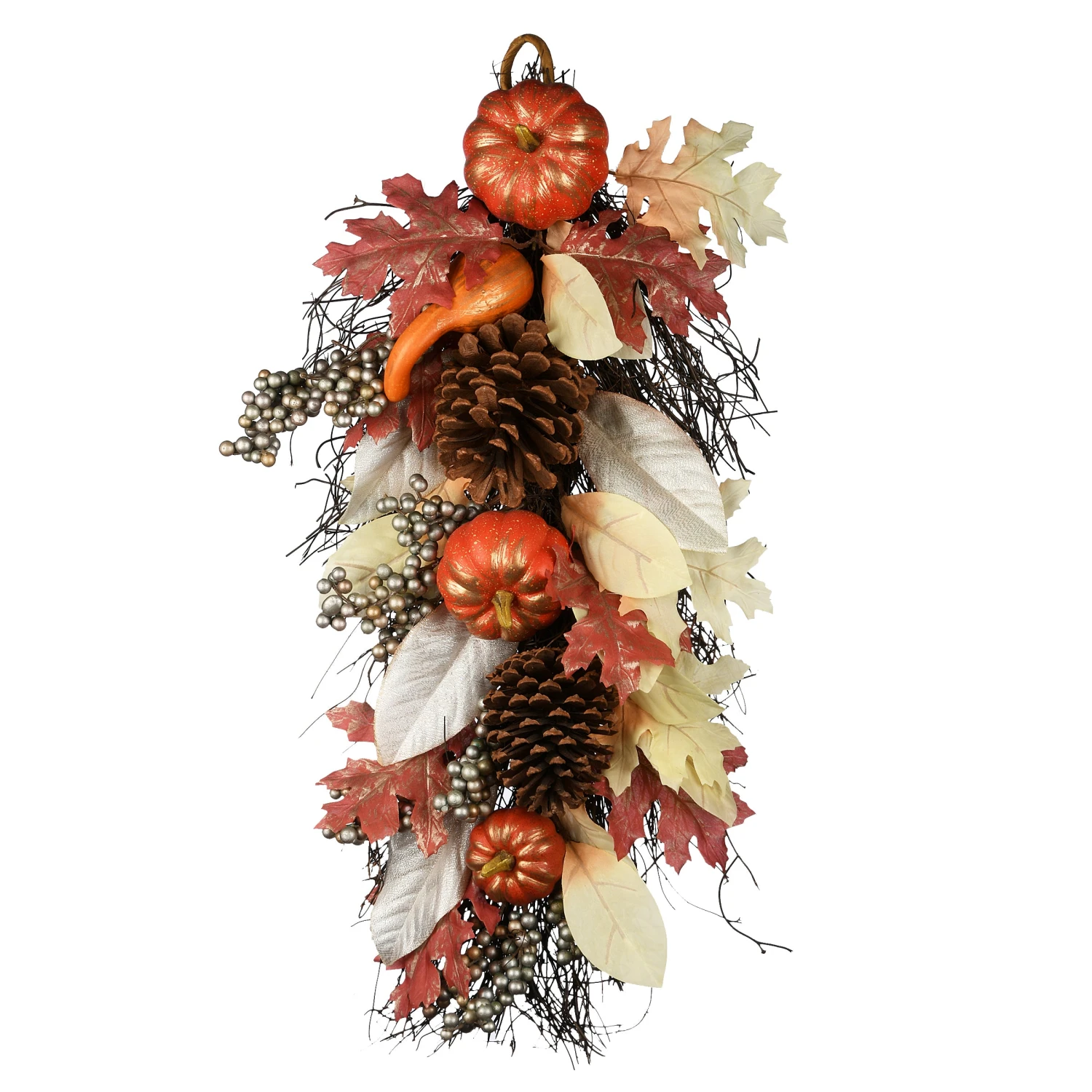 24 In. Fall Teardrop Wall Decoration With Pumpkins, Pine Cones, Berry Clusters, Maple Leaves 1 24 In. Fall Teardrop Wall Decoration With Pumpkins, Pine Cones, Berry Clusters, Maple Leaves