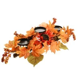 24 In. Fall Centerpiece, Three Candle Holders, Decorated With Sunflower Blooms, Pinecones, Berry Clusters