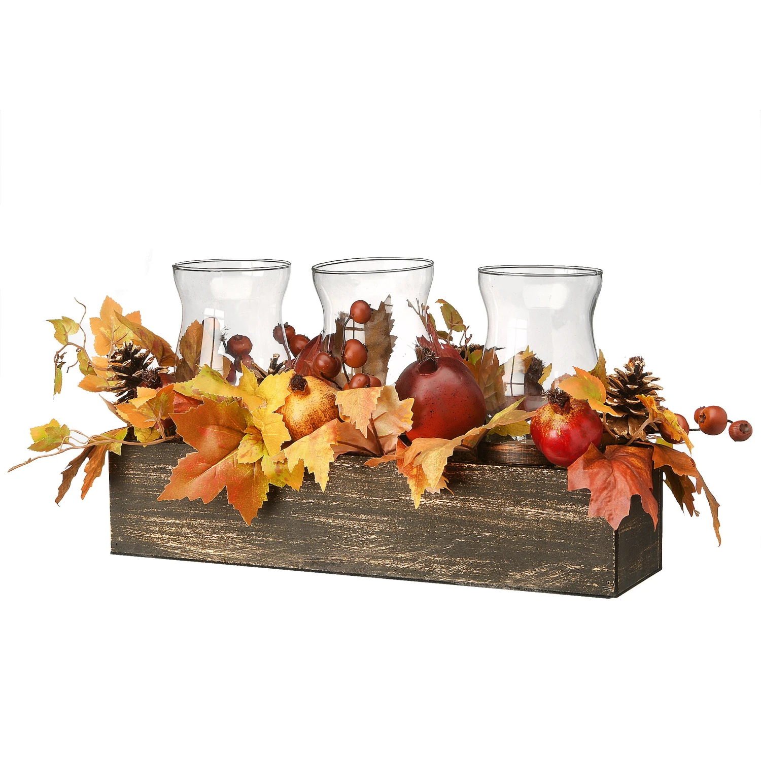 24 In. Fall Centerpiece, Decorated With Maple Leaves, Pomegranates, Pine Cones, Holds Three Candles 1 24 In. Fall Centerpiece, Decorated With Maple Leaves, Pomegranates, Pine Cones, Holds Three Candles