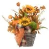16 In. Fall Flowers In Wicker Basket, Decorated With Pumpkins, Gourds, Sunflower Blooms, Burlap Bows, Maple Leaves