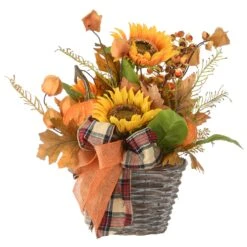 16 In. Fall Flowers In Wicker Basket, Decorated With Pumpkins, Gourds, Sunflower Blooms, Burlap Bows, Maple Leaves