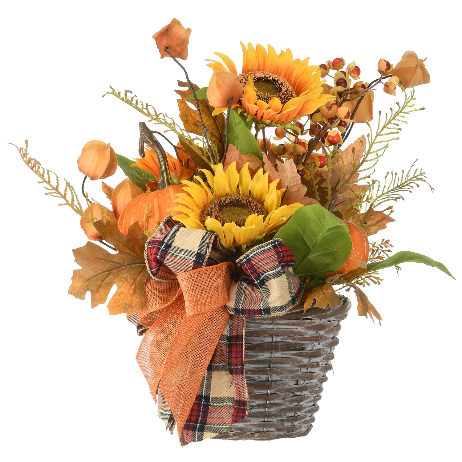 16 In. Fall Flowers In Wicker Basket, Decorated With Pumpkins, Gourds, Sunflower Blooms, Burlap Bows, Maple Leaves 1 16 In. Fall Flowers In Wicker Basket, Decorated With Pumpkins, Gourds, Sunflower Blooms, Burlap Bows, Maple Leaves