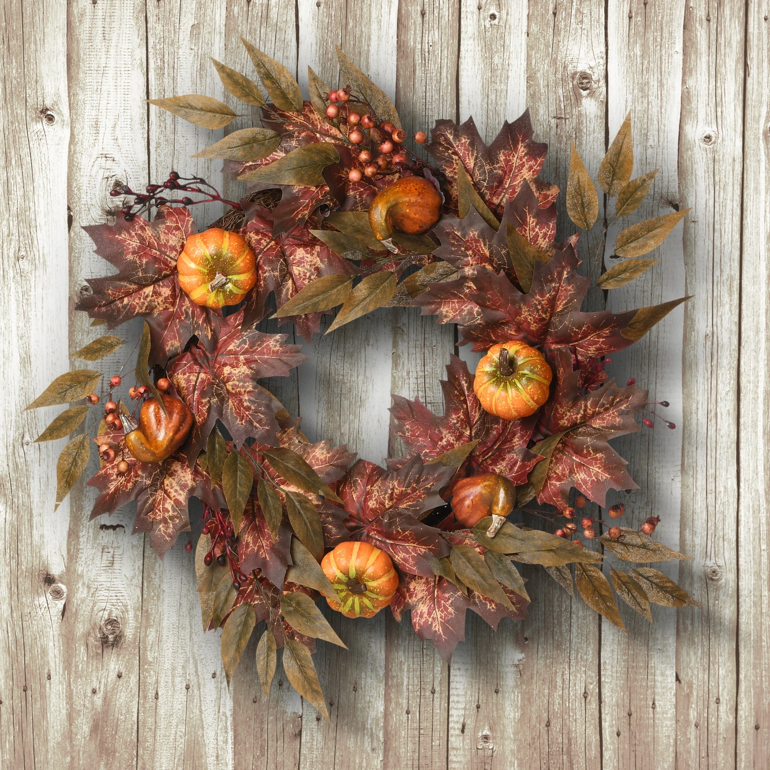 24 In. Fall Wreath With Pumpkins, Berry Clusters, Ivy, Maple Leaves 2 24 In. Fall Wreath With Pumpkins, Berry Clusters, Ivy, Maple Leaves - Image 2