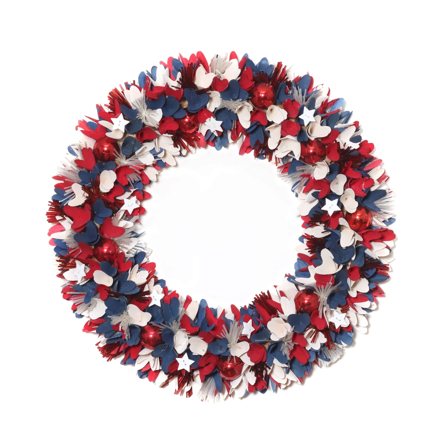 21 In. Patriotic Wreath With Red White And Blue Flowers Petals Tinsel 1 21 In. Patriotic Wreath With Red White And Blue Flowers Petals Tinsel
