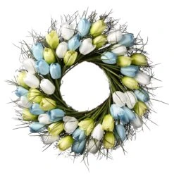 22 In. Spring Wreath With Yellow, Blue And White Tulips