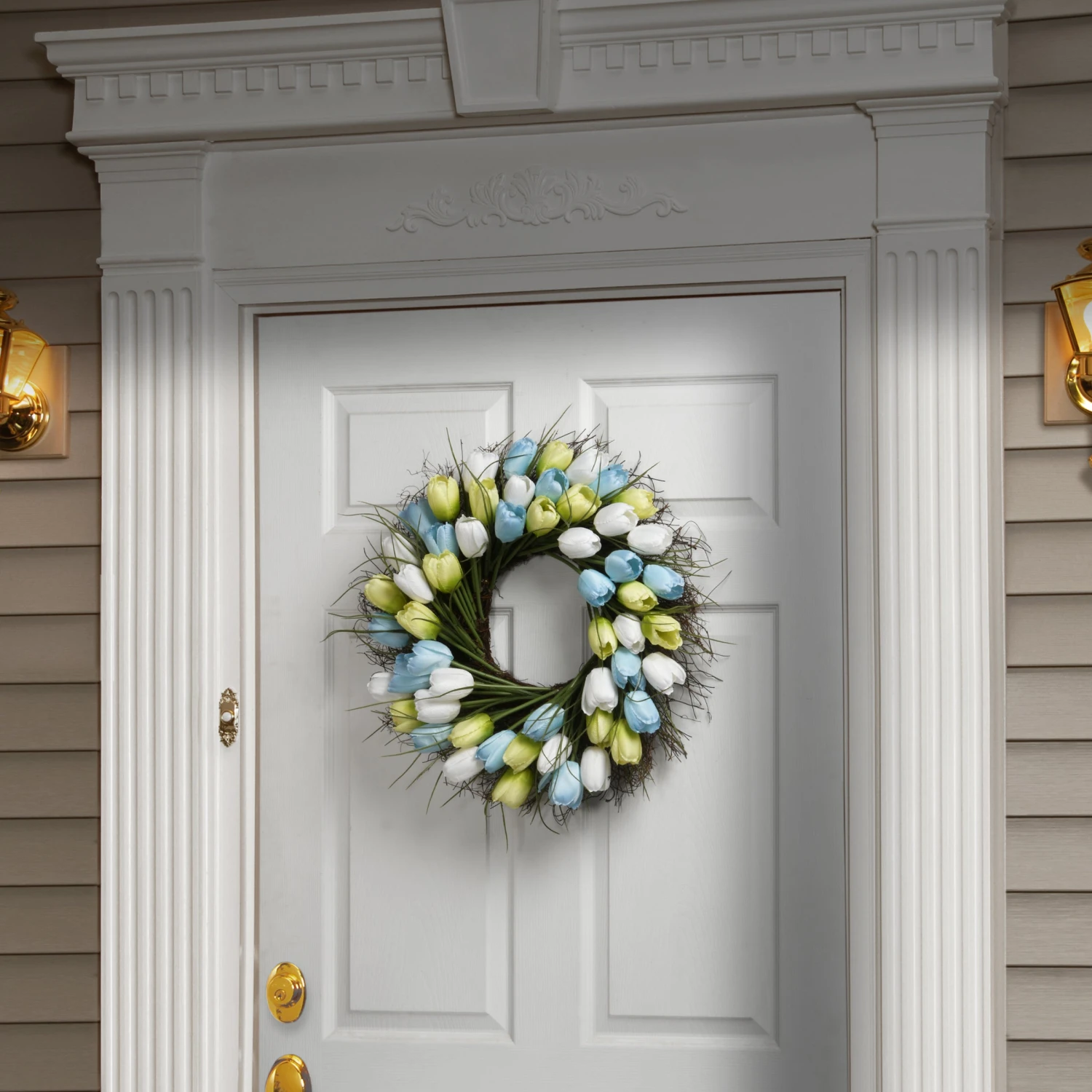 22 In. Spring Wreath With Yellow, Blue And White Tulips 2 22 In. Spring Wreath With Yellow, Blue And White Tulips - Image 2