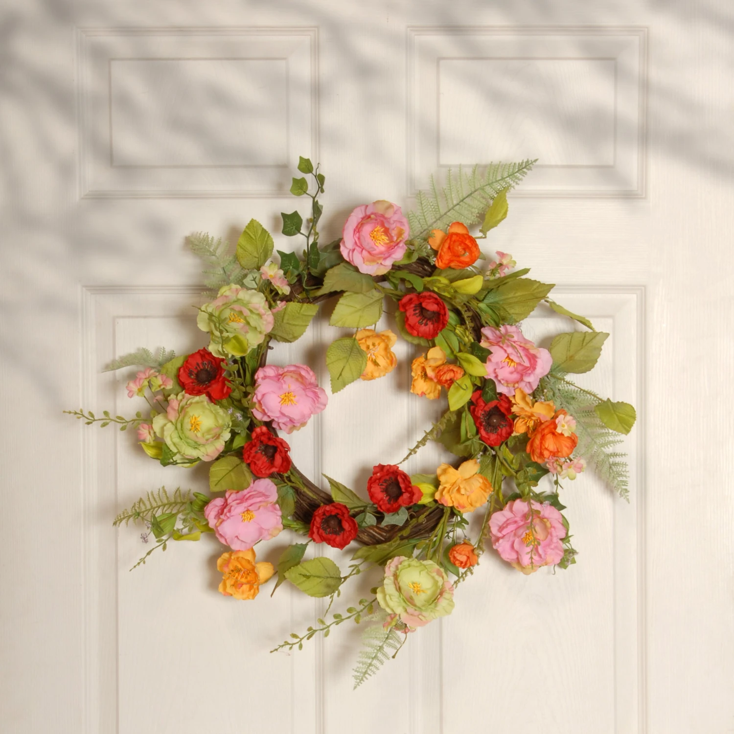 22 In. Spring Wreath With Assorted Flowers, Fern Fronds, And Leafy Greens 2 22 In. Spring Wreath With Assorted Flowers, Fern Fronds, And Leafy Greens - Image 2