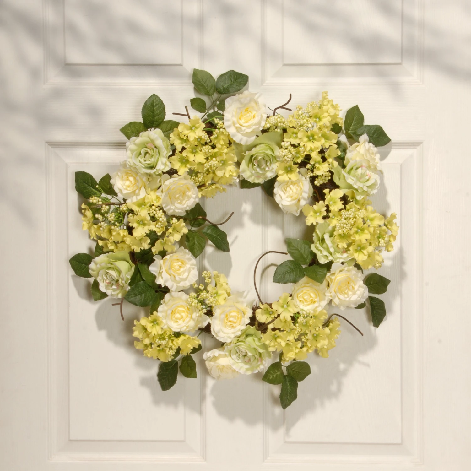 20 In. Spring Wreath With Cream Rose Blooms, Branches, Leafy Greens 2 20 In. Spring Wreath With Cream Rose Blooms, Branches, Leafy Greens - Image 2