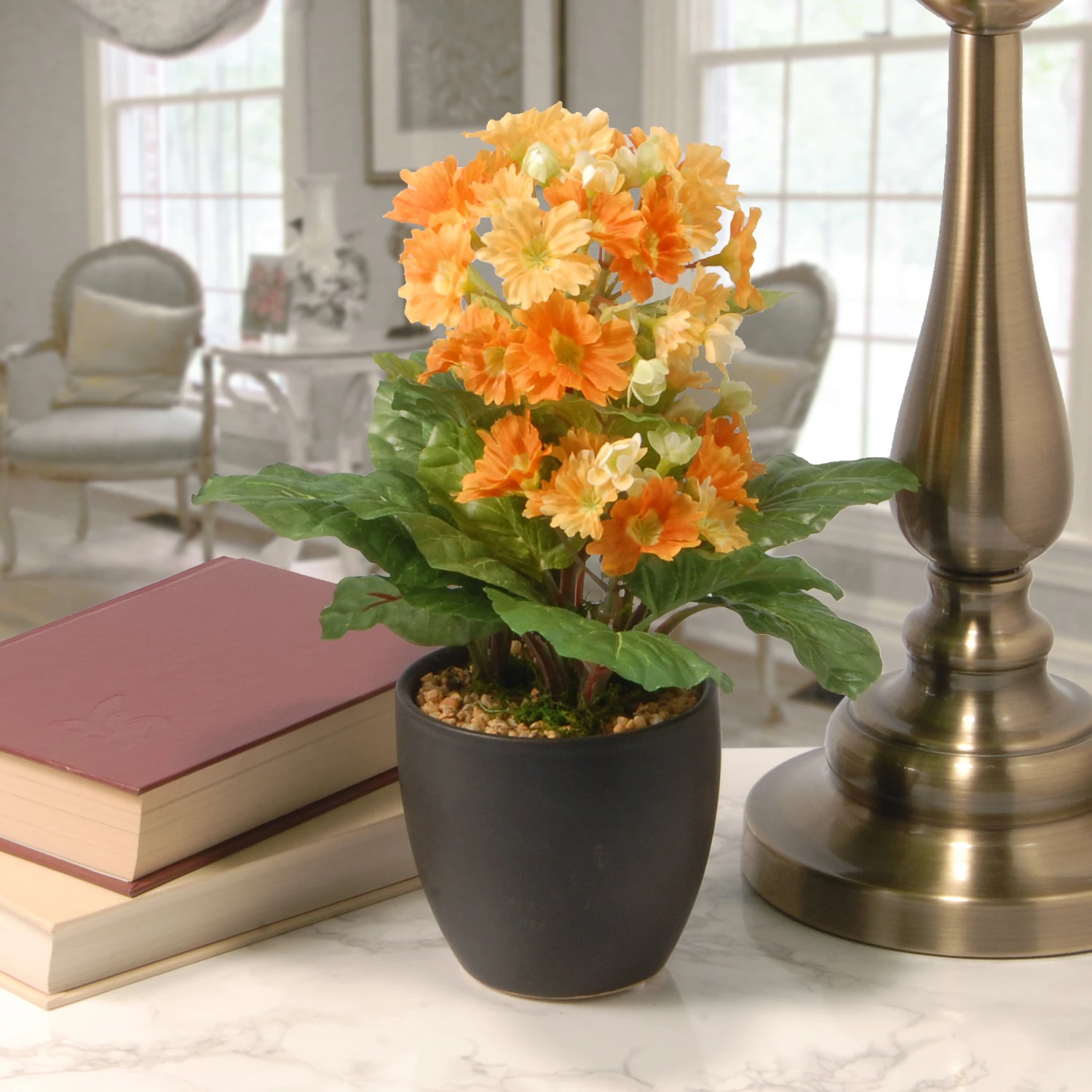 12 In. Spring Orange Flower Blooms Potted Plant In Black Ceramic Pot 2 12 In. Spring Orange Flower Blooms Potted Plant In Black Ceramic Pot - Image 2