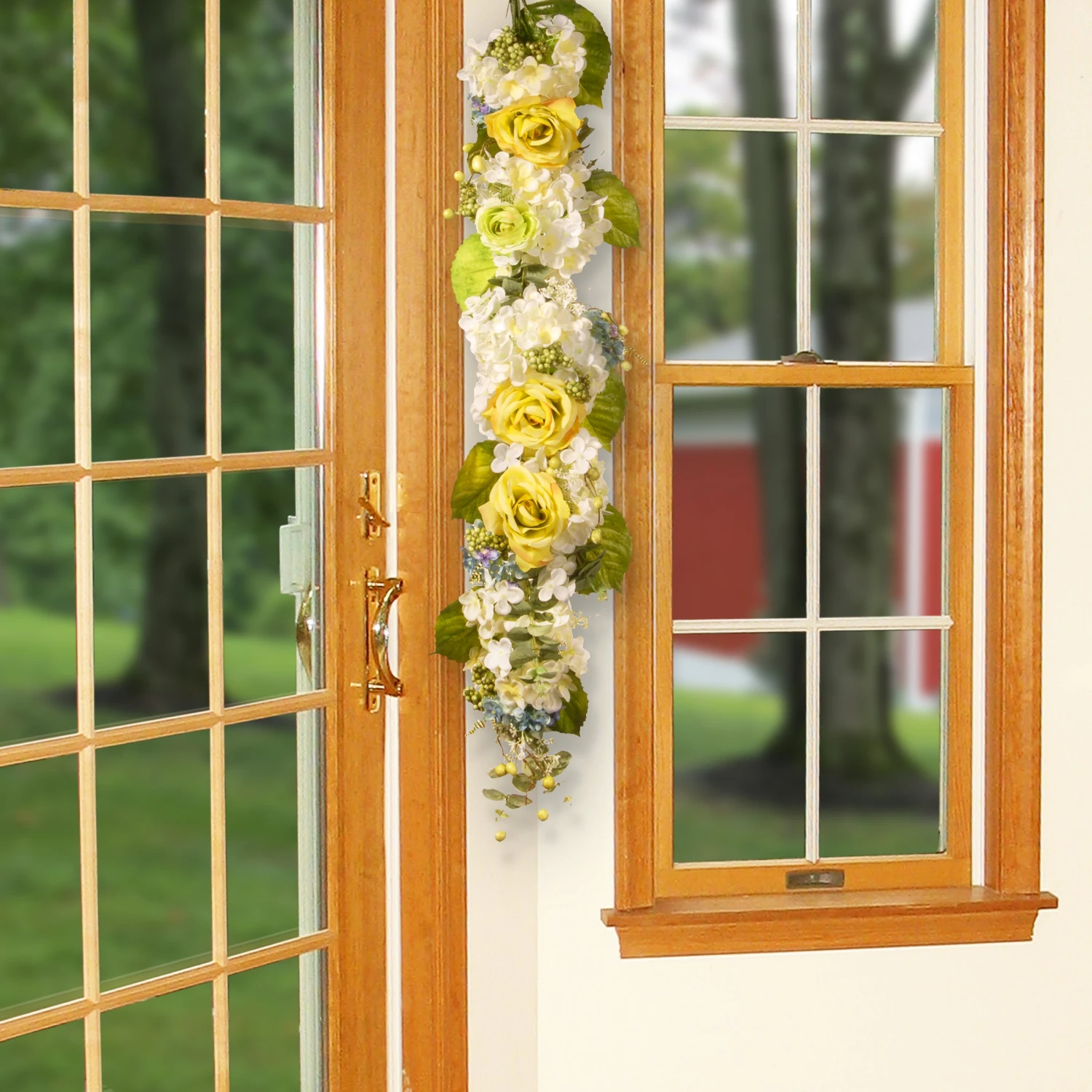 48 In. Spring Floral Wall Décor With Yellow Roses, White Hydrangeas, Berry Clusters 2 48 In. Spring Floral Wall Décor With Yellow Roses, White Hydrangeas, Berry Clusters - Image 2