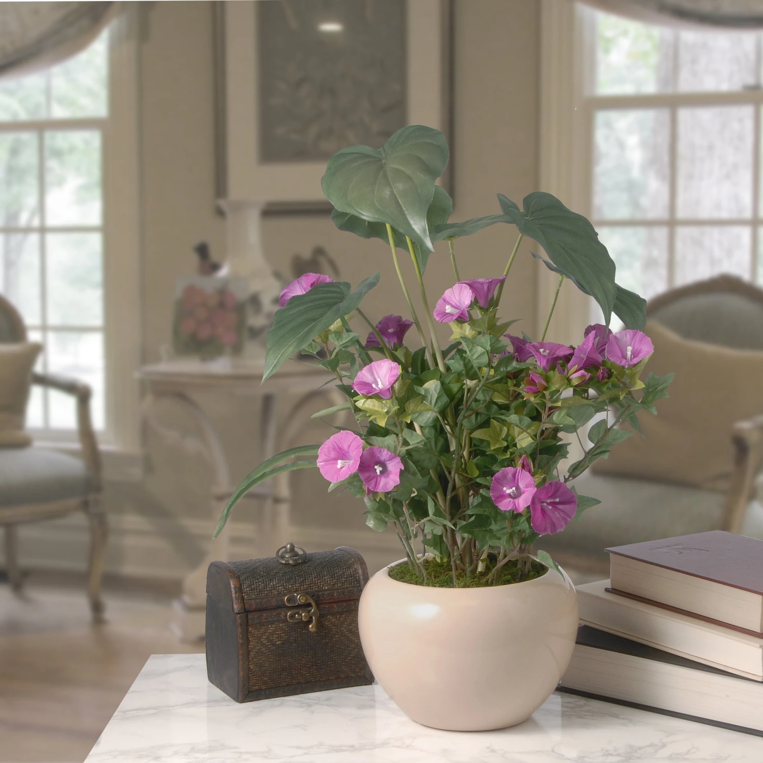 18 In. Spring Purple Flower Blooms Potted Plant In A Cream Ceramic Pot 2 18 In. Spring Purple Flower Blooms Potted Plant In A Cream Ceramic Pot - Image 2