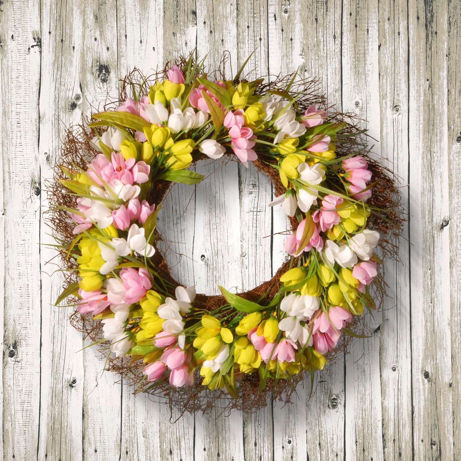 21 In. Spring Wreath With Pink, Yellow And White Tulips 2 21 In. Spring Wreath With Pink, Yellow And White Tulips - Image 2