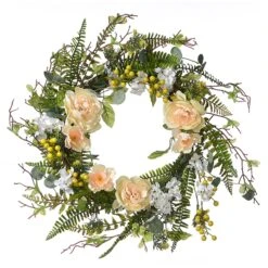 20 In. Spring Wreath With Pink And White Flower Blooms, Yellow Berry Clusters, Fern Fronds
