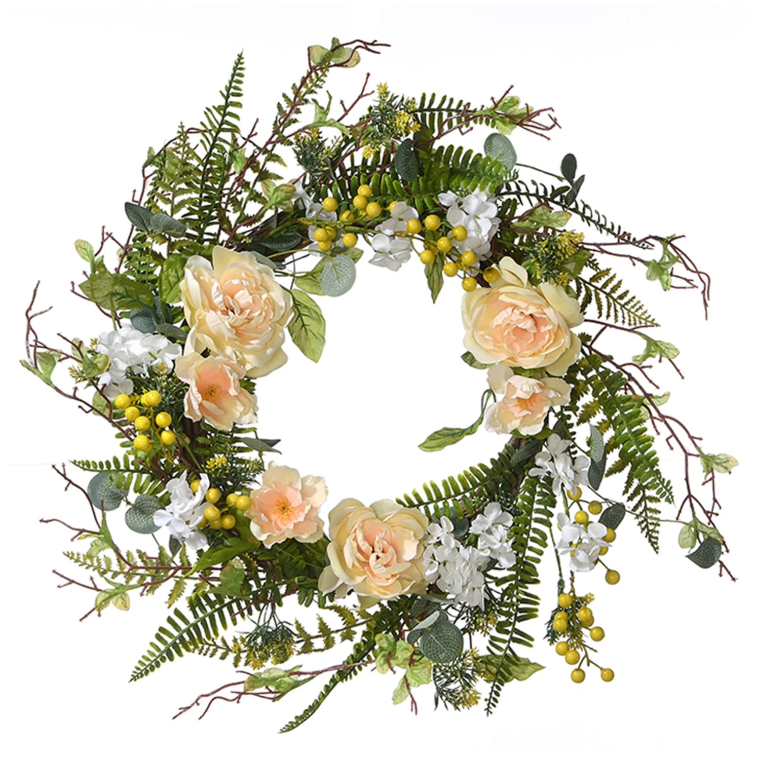 20 In. Spring Wreath With Pink And White Flower Blooms, Yellow Berry Clusters, Fern Fronds 1 20 In. Spring Wreath With Pink And White Flower Blooms, Yellow Berry Clusters, Fern Fronds