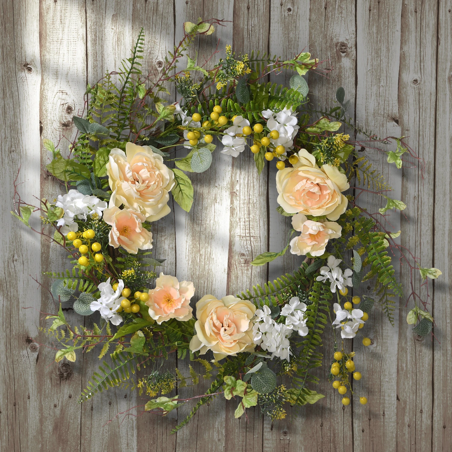 20 In. Spring Wreath With Pink And White Flower Blooms, Yellow Berry Clusters, Fern Fronds 2 20 In. Spring Wreath With Pink And White Flower Blooms, Yellow Berry Clusters, Fern Fronds - Image 2