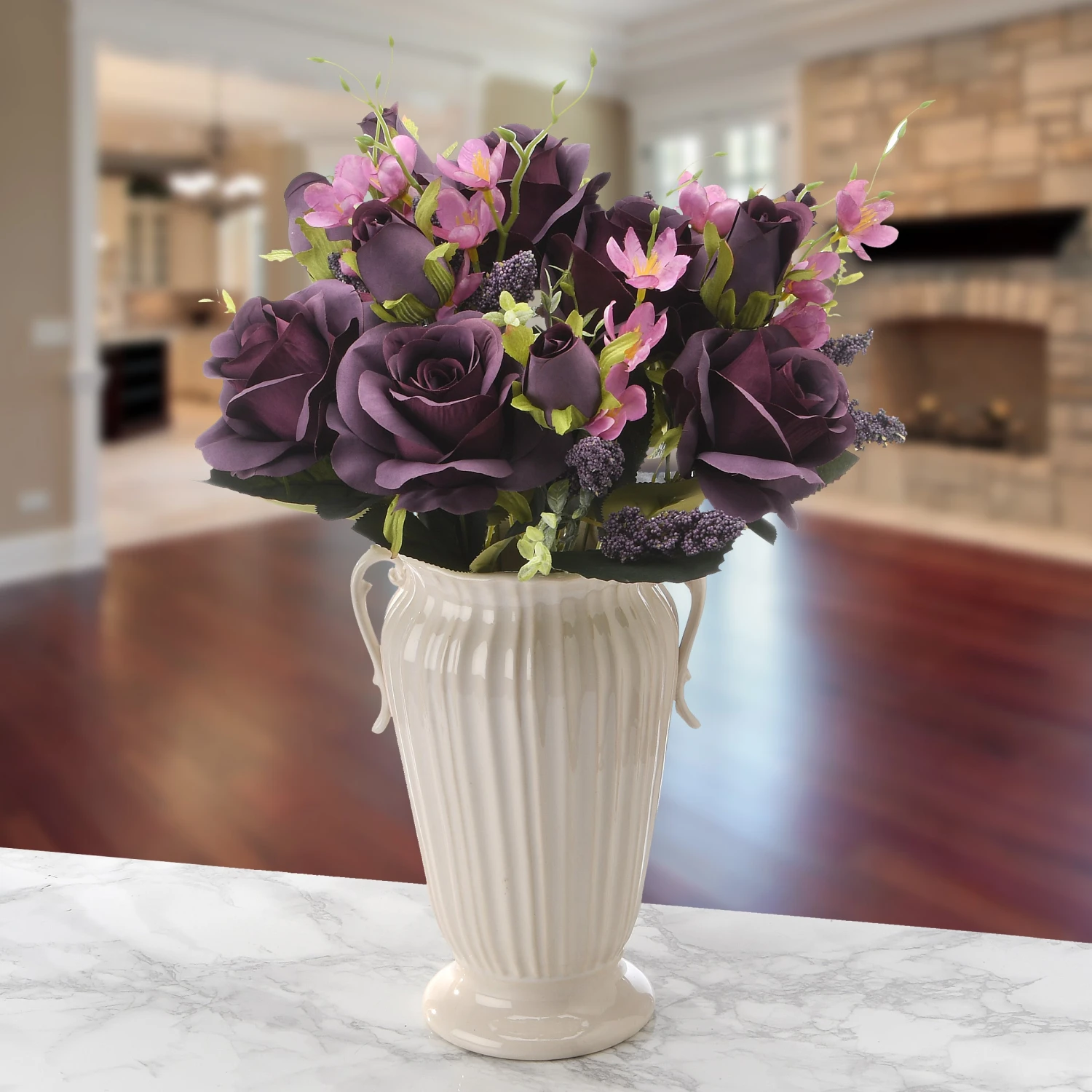 19 In. Spring Floral Bouquet With Deep Purple Rose Blooms, Pink Flowers, Seed Pods, Leafy Greens 2 19 In. Spring Floral Bouquet With Deep Purple Rose Blooms, Pink Flowers, Seed Pods, Leafy Greens - Image 2