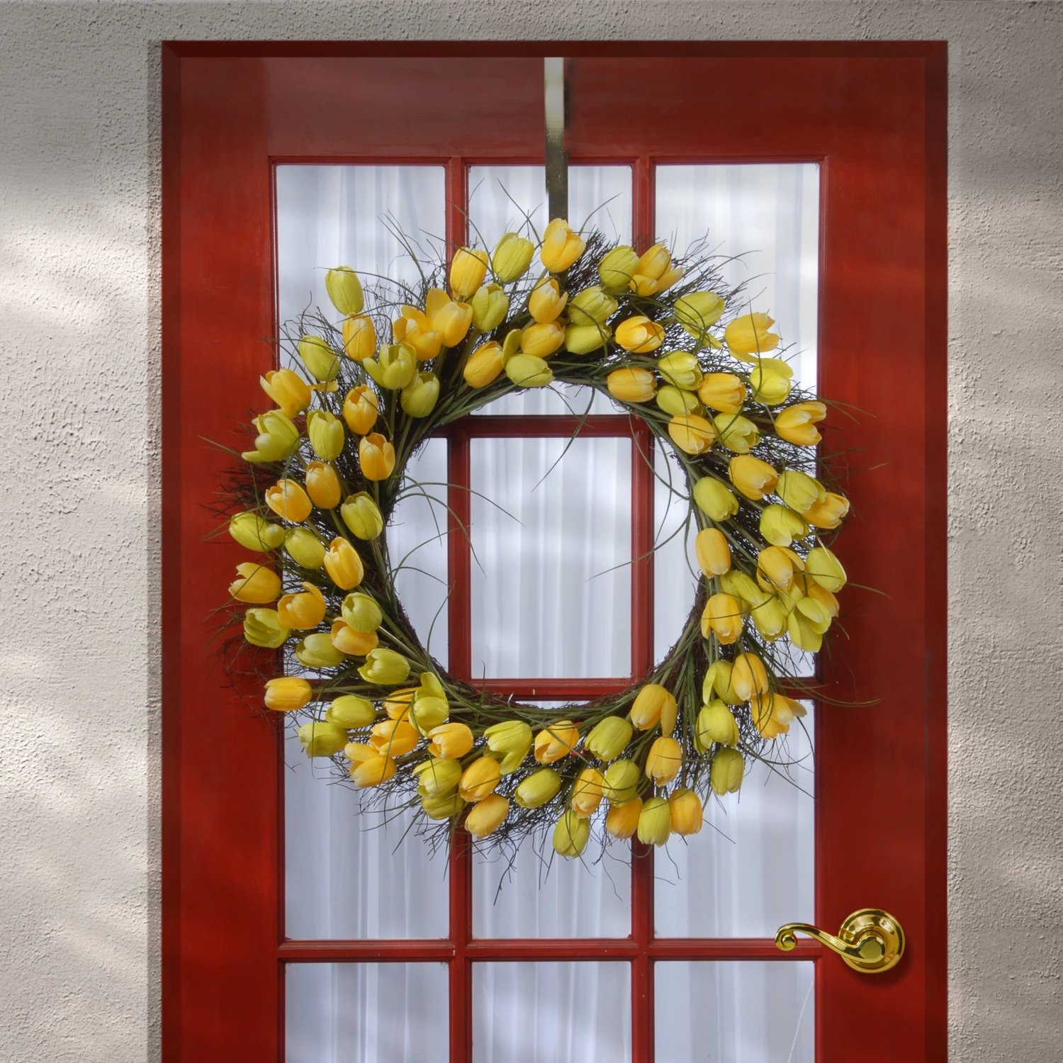 32 In. Spring Wreath With Yellow Tulip Blooms, Flowing Green Stems 2 32 In. Spring Wreath With Yellow Tulip Blooms, Flowing Green Stems - Image 2
