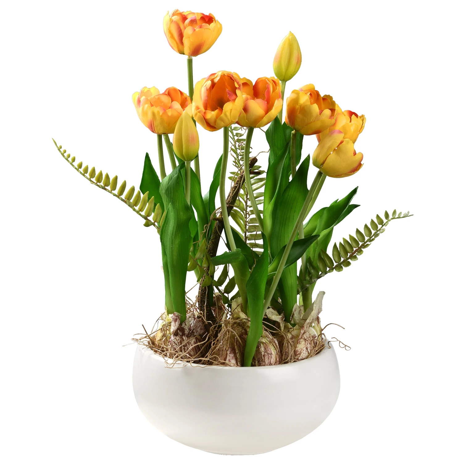 18 In. Spring Flower Potted Plant With Yellow Tulips, Vibrant Green Stems, Fern Fronds In A Stylish Ceramic Pot Base 1 18 In. Spring Flower Potted Plant With Yellow Tulips, Vibrant Green Stems, Fern Fronds In A Stylish Ceramic Pot Base