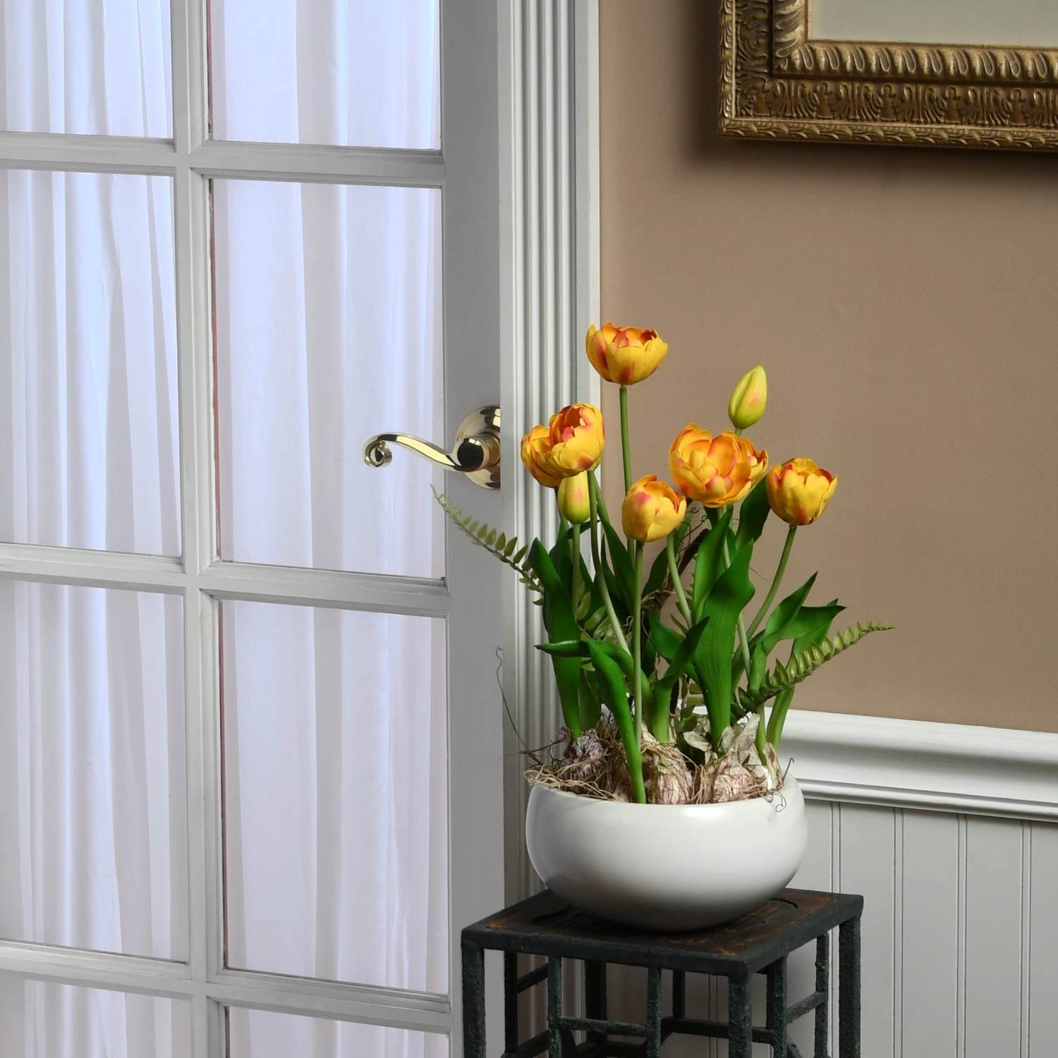 18 In. Spring Flower Potted Plant With Yellow Tulips, Vibrant Green Stems, Fern Fronds In A Stylish Ceramic Pot Base 2 18 In. Spring Flower Potted Plant With Yellow Tulips, Vibrant Green Stems, Fern Fronds In A Stylish Ceramic Pot Base - Image 2