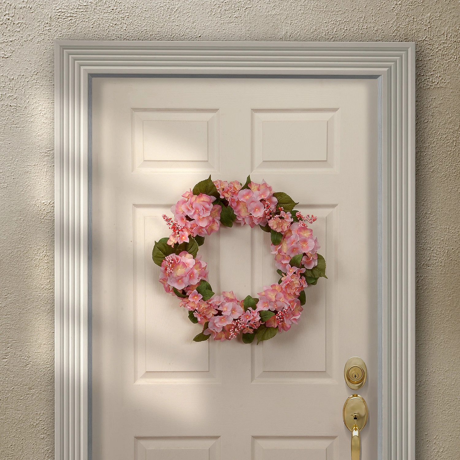 24 In. Spring Wreath With Pink Hydrangea Blooms, Berry Clusters, Leafy Greens 2 24 In. Spring Wreath With Pink Hydrangea Blooms, Berry Clusters, Leafy Greens - Image 2