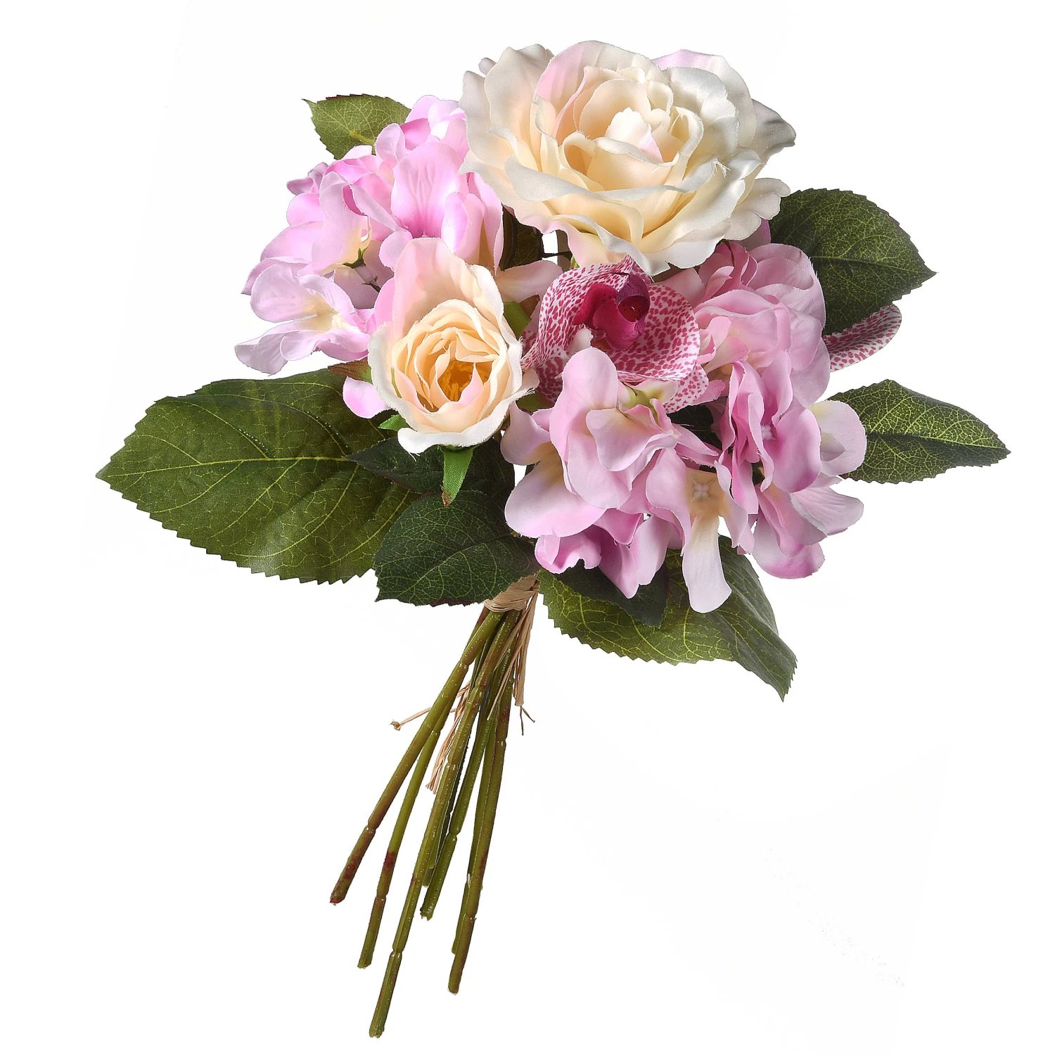 13 In. Spring Floral Bouque With Purple Roses And White Orchid Blooms, Leafy Greens 1 13 In. Spring Floral Bouque With Purple Roses And White Orchid Blooms, Leafy Greens