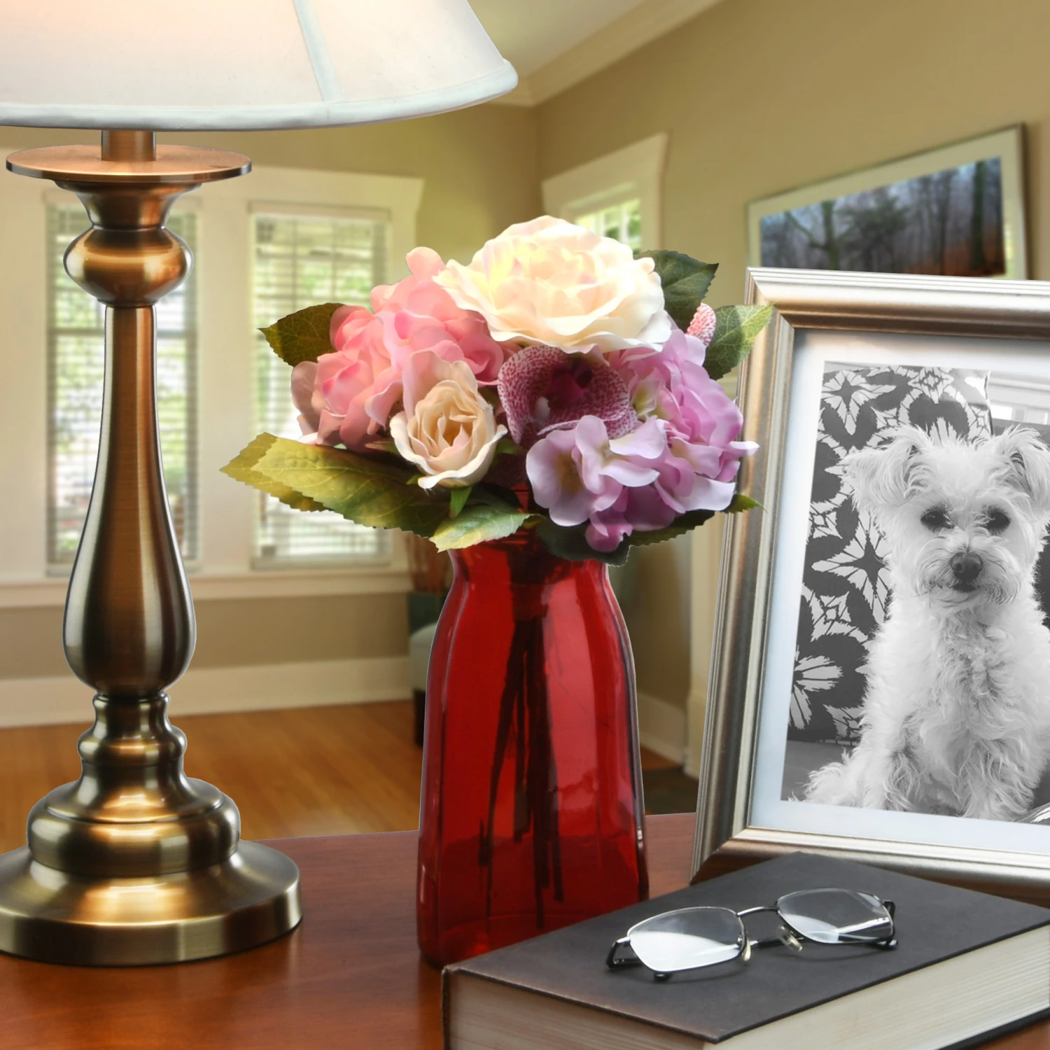 13 In. Spring Floral Bouque With Purple Roses And White Orchid Blooms, Leafy Greens 2 13 In. Spring Floral Bouque With Purple Roses And White Orchid Blooms, Leafy Greens - Image 2