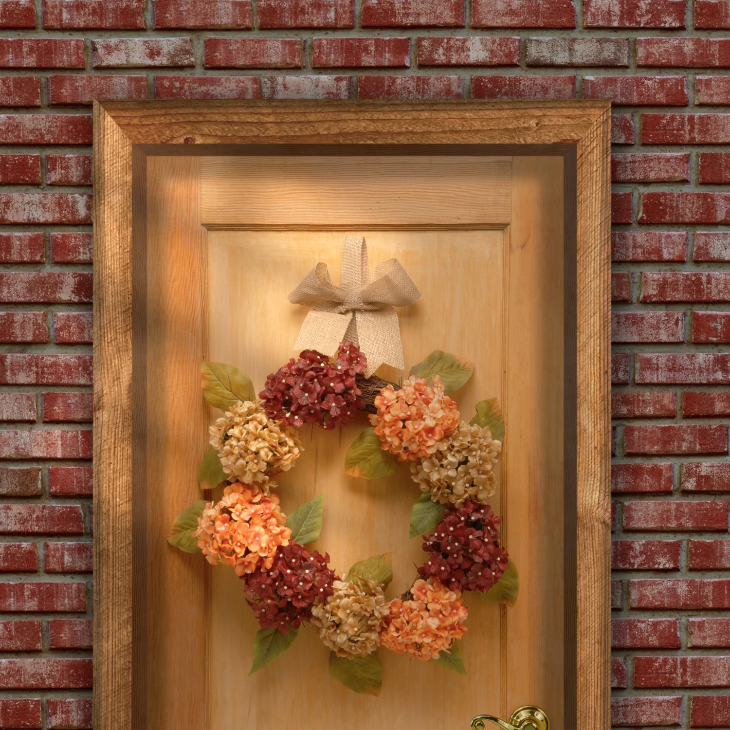 24 In. Fall Wreath With Hydrangeas, Elm Leaves, Burlap Ribbon 2 24 In. Fall Wreath With Hydrangeas, Elm Leaves, Burlap Ribbon - Image 2