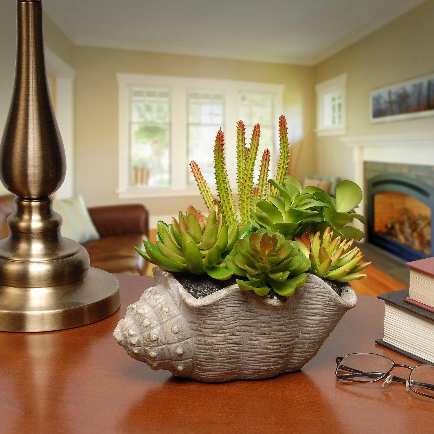 11 In. Spring Potted Plant With Various Green And Orange Succulents In A Stylish Conch Shell Cement Pot 2 11 In. Spring Potted Plant With Various Green And Orange Succulents In A Stylish Conch Shell Cement Pot - Image 2