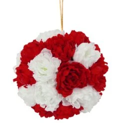 12 In. Red And White Peony Hanging Ball