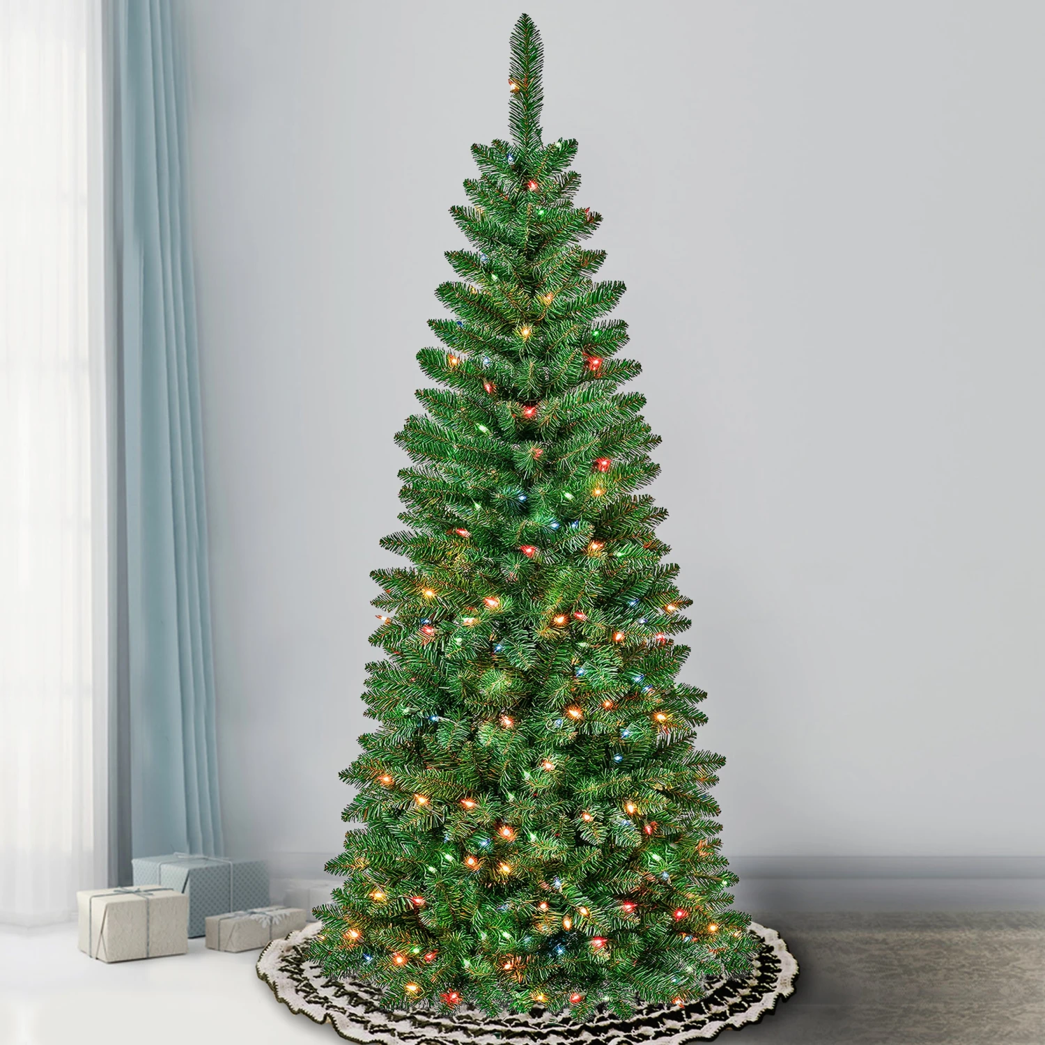 6 Ft. Pre-Lit Rowan Slim Tree With Multicolor Lights 4 6 Ft. Pre-Lit Rowan Slim Tree With Multicolor Lights - Image 4