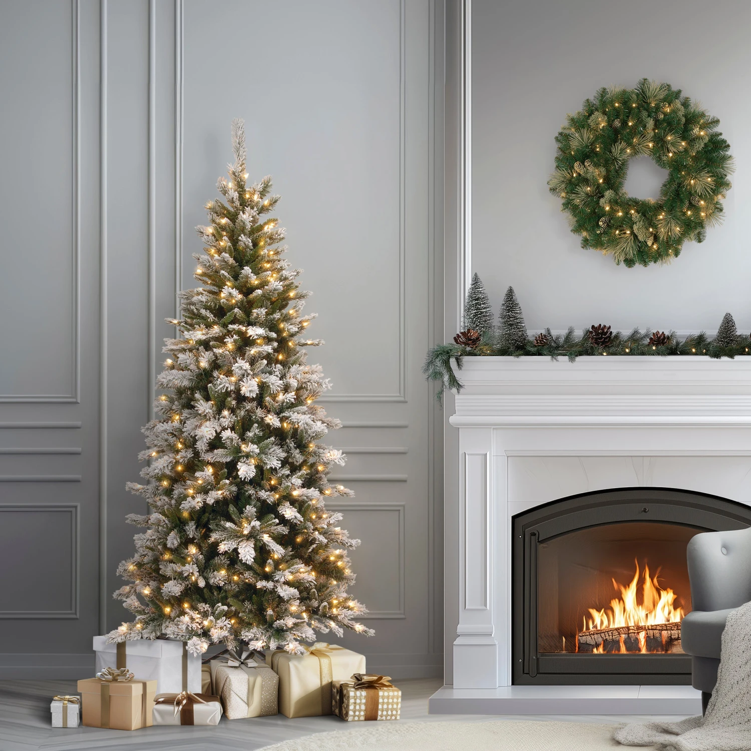 7.5 Ft. Pre-Lit Snowy Mountain Pine Slim Tree With Clear Lights 2 7.5 Ft. Pre-Lit Snowy Mountain Pine Slim Tree With Clear Lights - Image 2