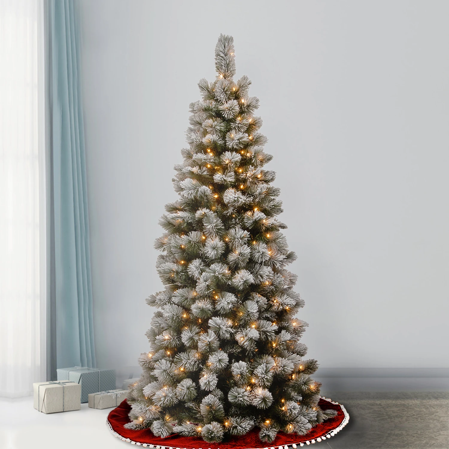 7.5 Ft. Pre-Lit Snowy Bristle PineSlim Tree With Clear Lights 2 7.5 Ft. Pre-Lit Snowy Bristle PineSlim Tree With Clear Lights - Image 2