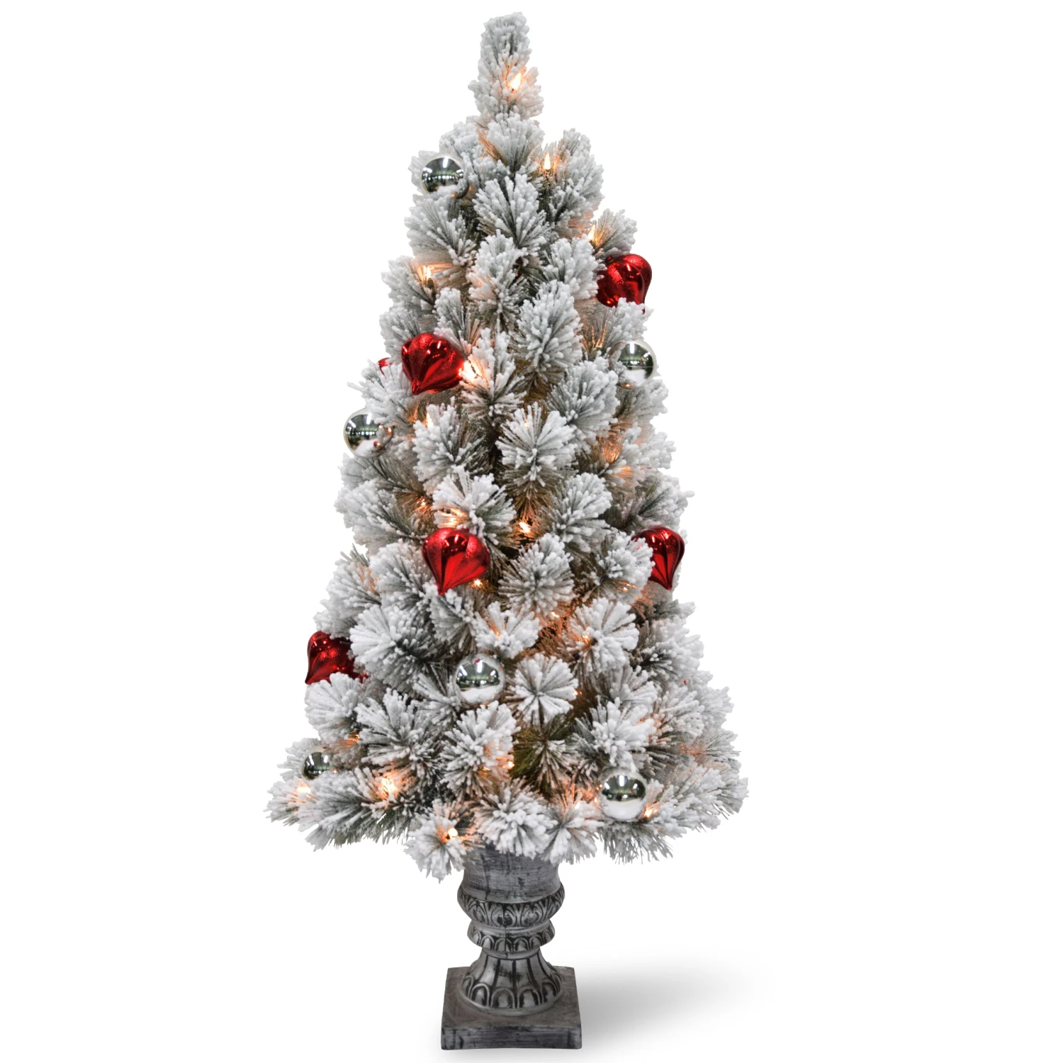 4 Ft. Pre-Lit Snowy Bristle Pine Tree With Clear Lights 1 4 Ft. Pre-Lit Snowy Bristle Pine Tree With Clear Lights