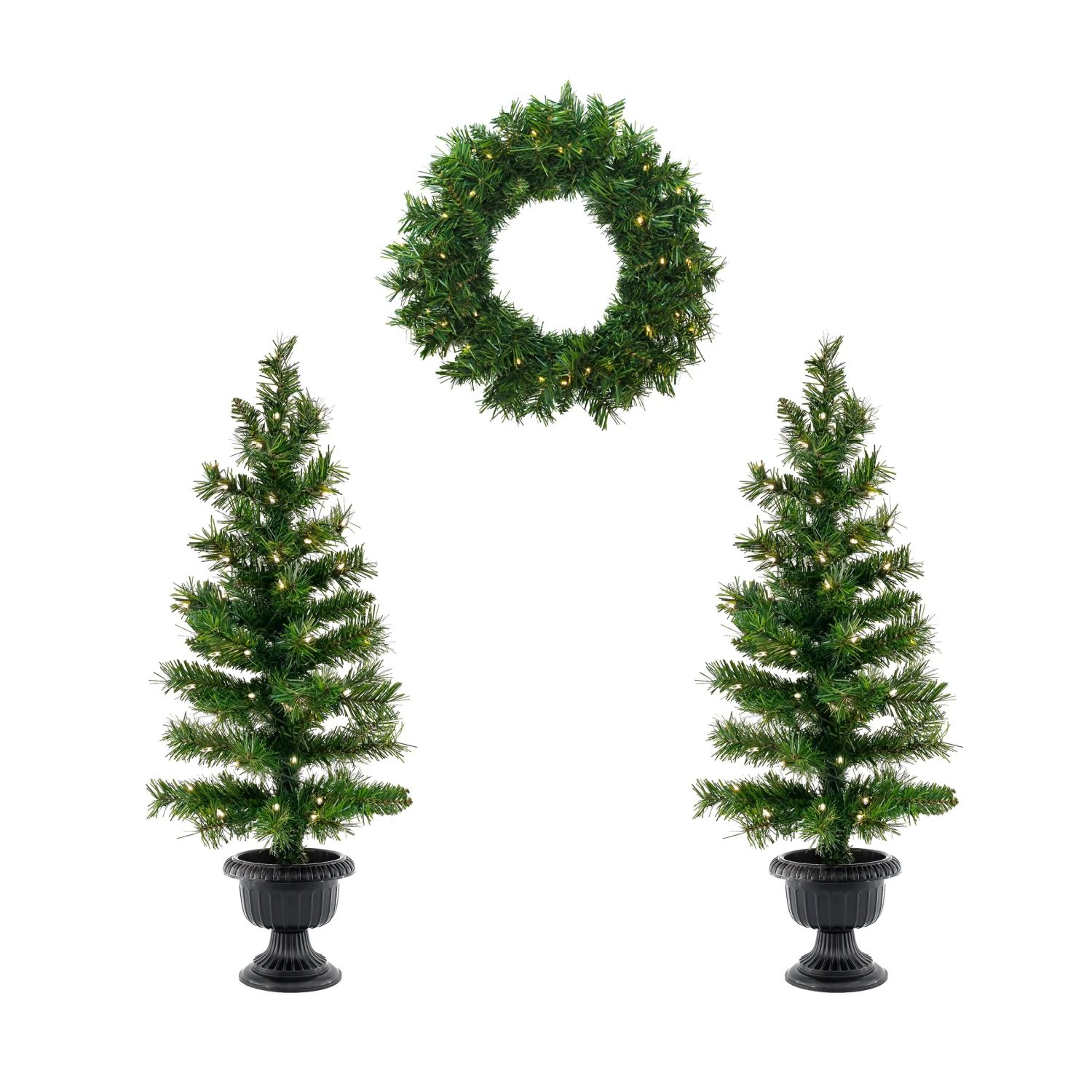Pre-Lit Warm Welcome Assortment Set Of 2 Entrance Trees, 1 Wreath 1 Pre-Lit Warm Welcome Assortment Set Of 2 Entrance Trees, 1 Wreath