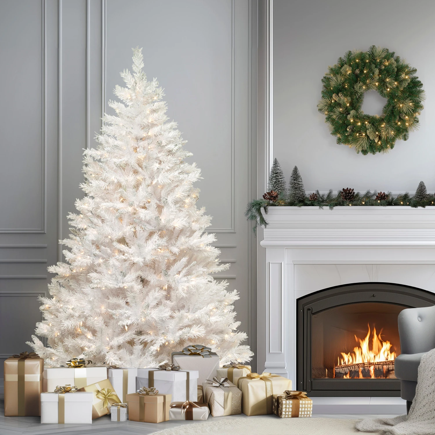 7 Ft. Pre-Lit Winchester Pine White Tree With Clear Lights 2 7 Ft. Pre-Lit Winchester Pine White Tree With Clear Lights - Image 2