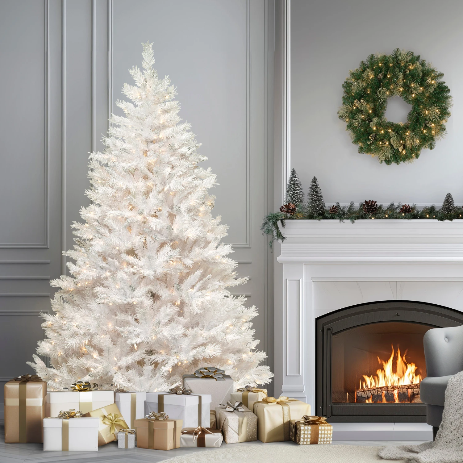 7.5 Ft. Pre-Lit Winchester Pine White Tree With Clear Lights And Silver Glitter 2 7.5 Ft. Pre-Lit Winchester Pine White Tree With Clear Lights And Silver Glitter - Image 2