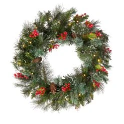 24 In. Pre-Lit Wintry Pine Wreath With Clear Lights
